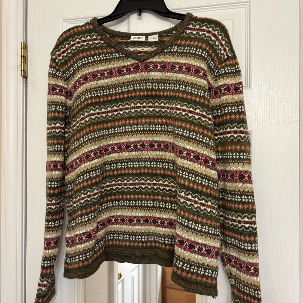 Vintage Cato Women's Large Fair Isle Knit Sweater Cotton Ramie Green V Neck